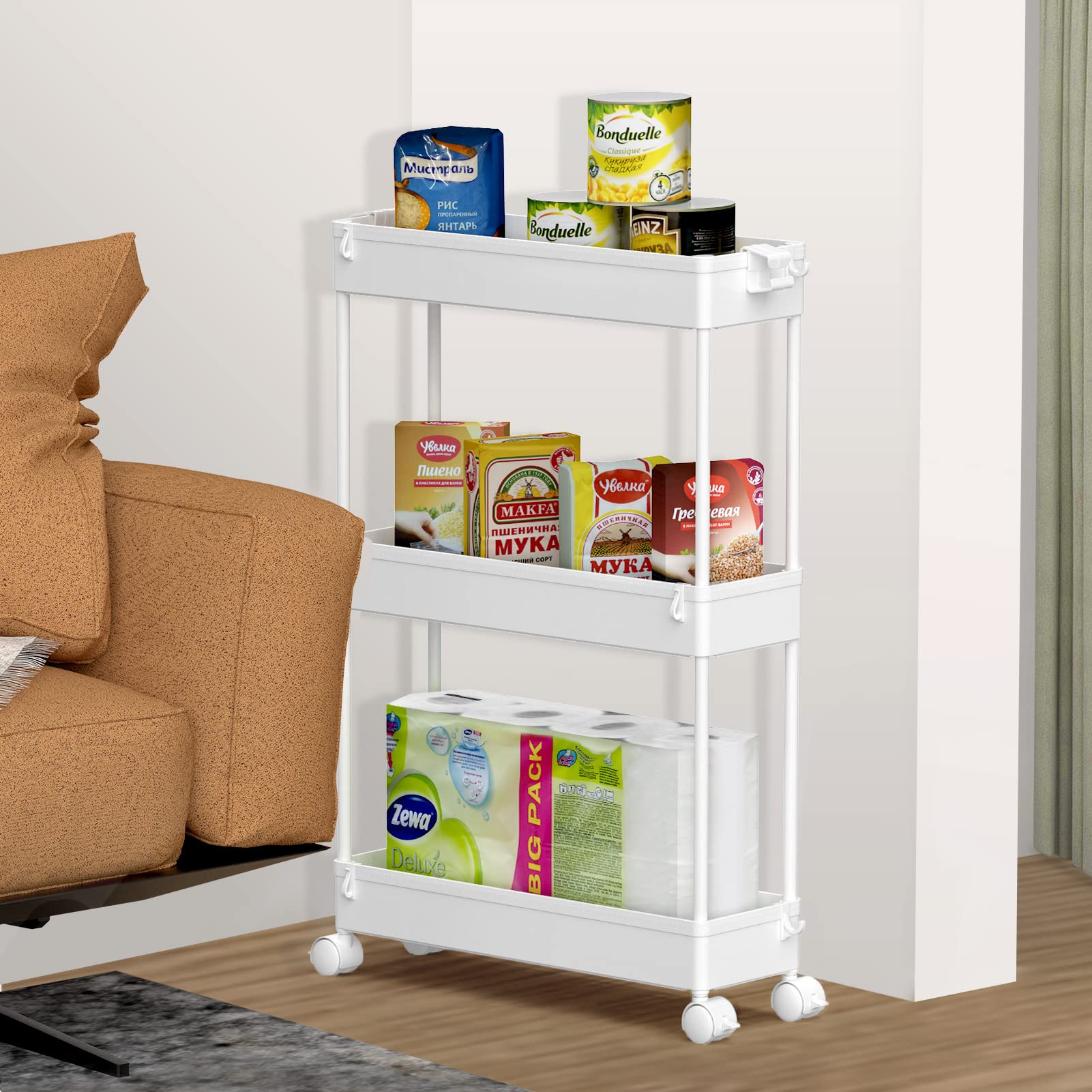 SPACELEAD Slim Storage Cart,3 Tier Bathroom Rolling Utility Cart Storage Organizer Slide Out Cart, Mobile Shelving Unit Organizer Trolley for Office Bathroom Kitchen Laundry Room Narrow Places, White 🍁 All In One Marketplace Canada