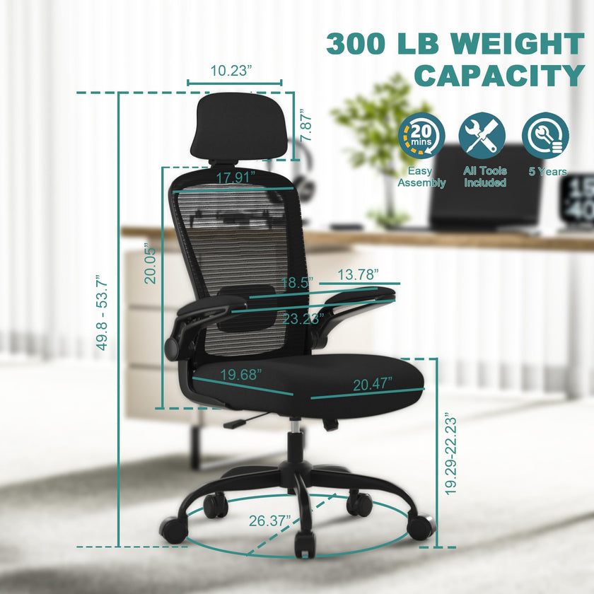 Mimoglad Office Chair, Comfy Desk Chair - High Back Ergonomic Computer Chair with Adjustable Lumbar Support & Headrest, Flip-up Armrests for Guitar Playing (Black(Black Frame)) 🍁 All In One Marketplace Canada