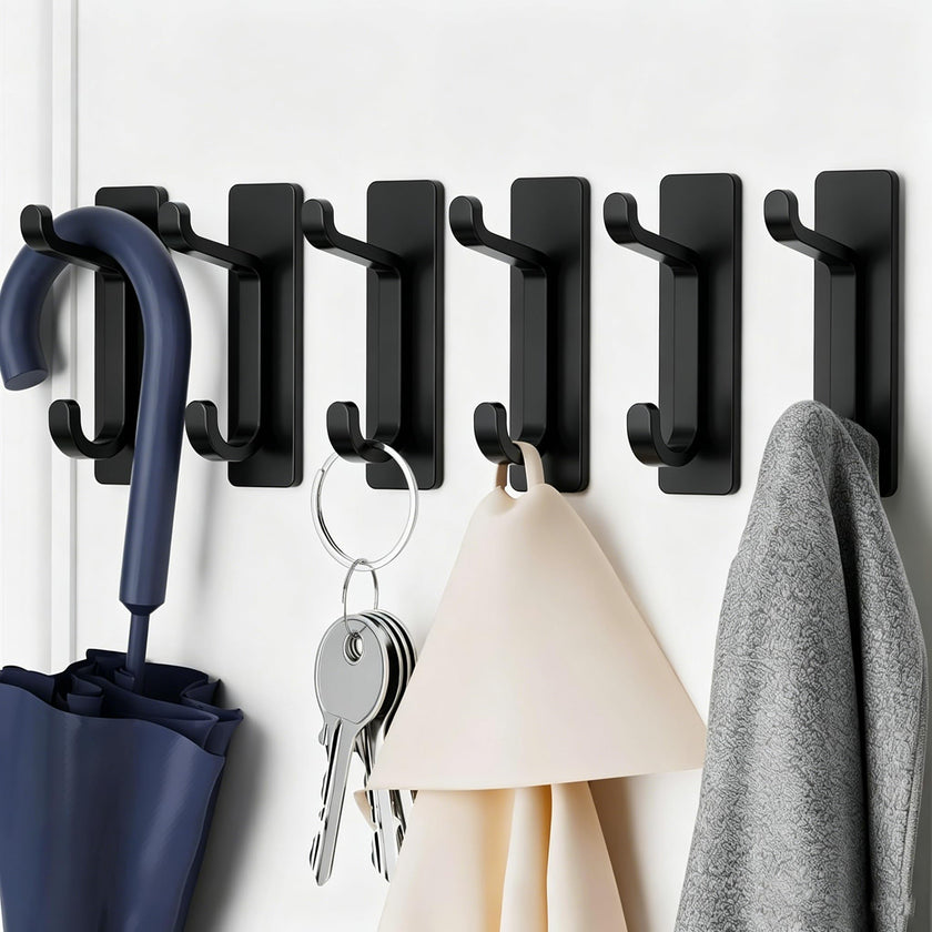 Self Adhesive Hooks for Hanging, Waterproof Towel Hook for Bathroom, Black Wall Hanger for Shower, Coat, Door, Robe, Sticky and Heavy Duty, 6-Pack 🍁 All In One Marketplace Canada