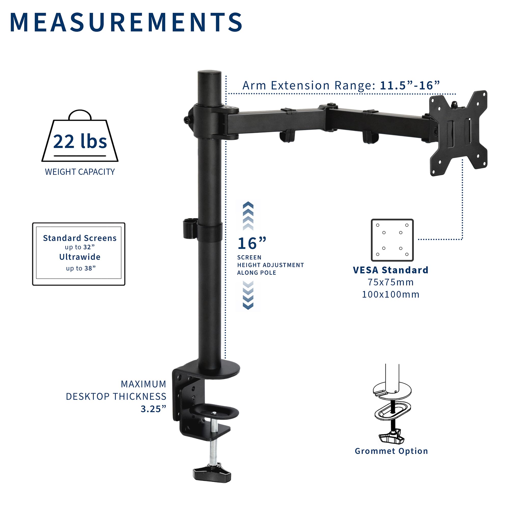 VIVO Single Monitor Arm Desk Mount, Holds Screens up to 32 inch Regular and 38 inch Ultrawide, Fully Adjustable Stand with C-Clamp and Grommet Base, VESA 75x75mm or 100x100mm, Black, STAND-V001 🍁 All In One Marketplace Canada