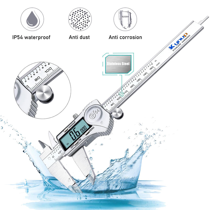 Kynup Digital Caliper, Calipers 6 Inch Measuring Tool with Stainless Steel, IP54 Splash Proof Protection Design, Easy Switch from Inch Metric Fraction, Large LCD Screen (150mm) 🍁 All In One Marketplace Canada