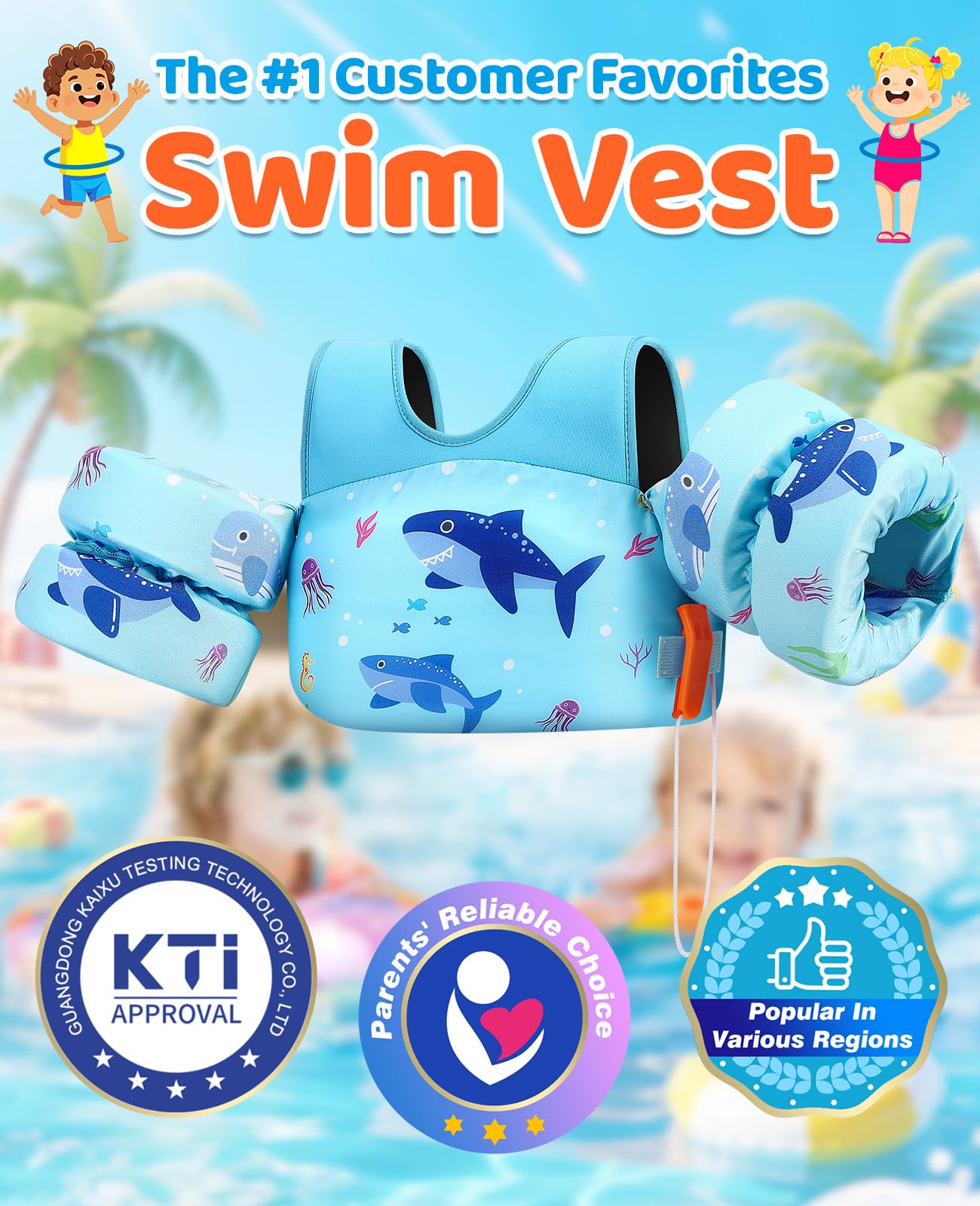 HeySplash Swim Vest for Kids, Toddler Pool Floaties Fit 33-66 Lbs, Puddle Jumper with Double Adjustable Strap, Swim Jacket Water Wing Arm Float, Sea Boat Flotation Device Boy Girl,Blue Shark 🍁 All In One Marketplace Canada