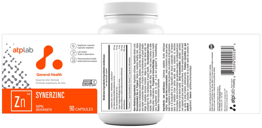 ATP LAB - Synerzinc, 90 Capsules 90-Day Supply - Zinc Supplement An Essential Mineral - Helps to Maintain Healthy Skin and Immune Function - Helps to Produce and Repair Connective Tissue 🍁 All In One Marketplace Canada
