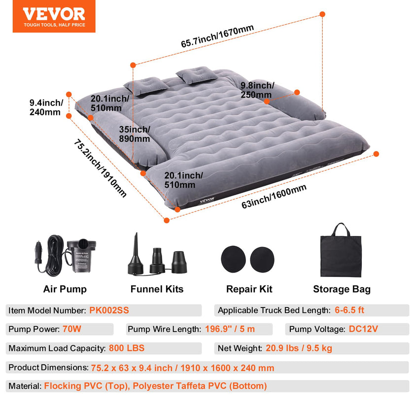 VEVOR Truck Bed Air Mattress, for 6-6.5 ft Full Size Truck Beds, Inflatable Air Mattress Camping Bed with 12V Air Pump 2 Pillows, Carry Bag, for Chevrolet Silverado, Dodge Ram, Ford 150/250/350 🍁 All In One Marketplace Canada
