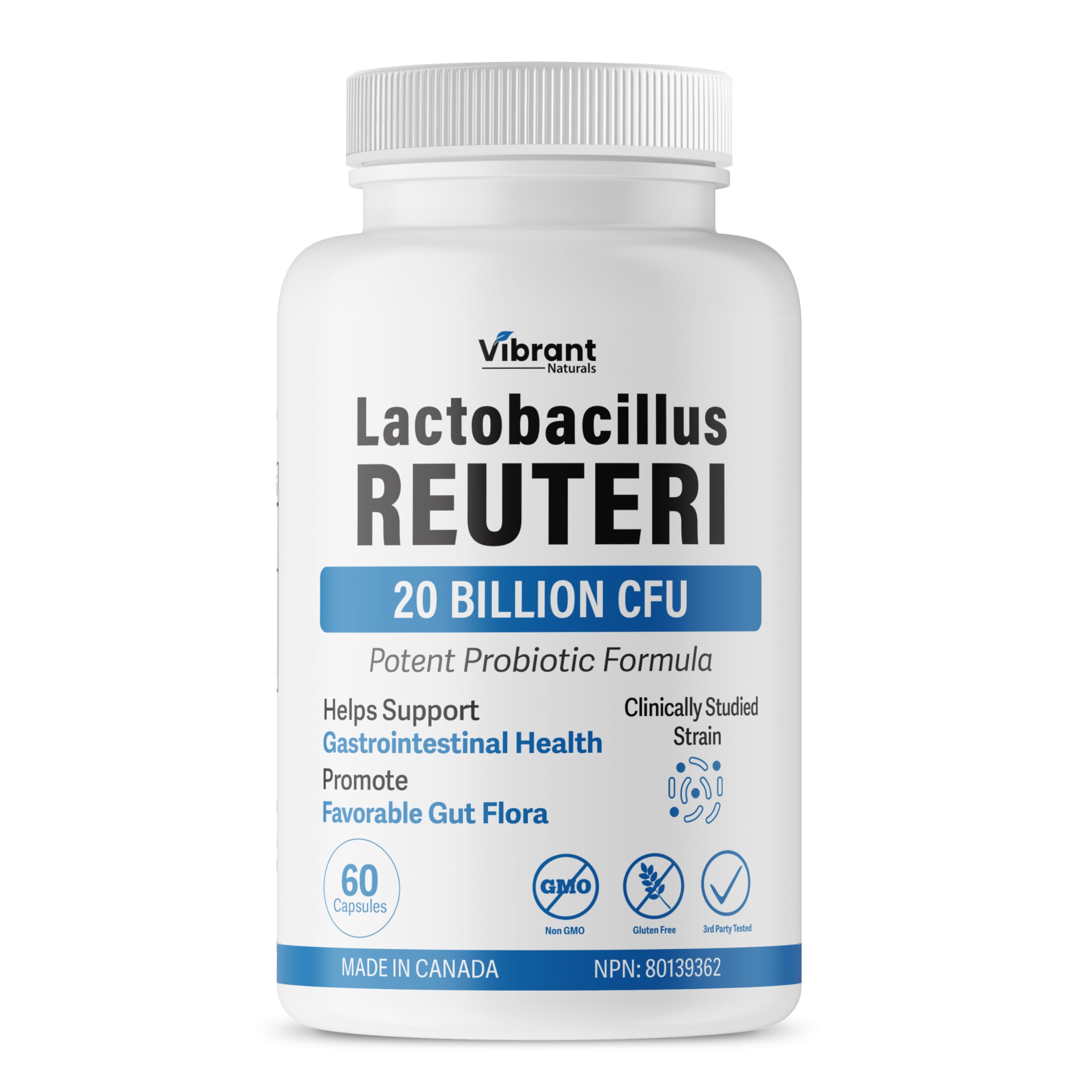 Lactobacillus Reuteri Probiotic 20 Billion CFU - L Reuteri Probiotic - Highest CFU Count, Gut Health, Yogurt Starter Culture, Probiotic With Prebiotic FOS, Made In Canada, 60 Capsules 🍁 All In One Marketplace Canada
