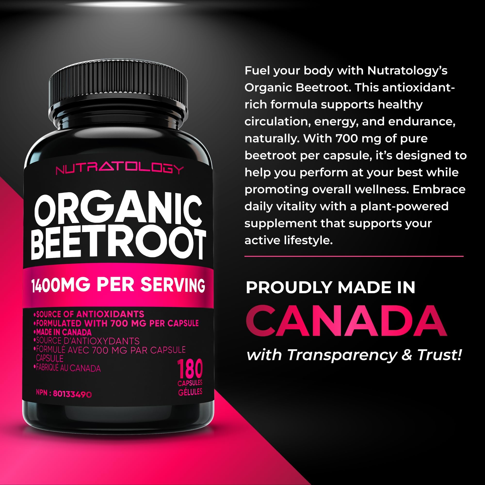Nutratology® Organic Beetroot Capsules | 1400mg per Daily Serving | 180 Capsules | Canadian Made | Source of Antioxidants | Organic Beet Root Powder 🍁 All In One Marketplace Canada
