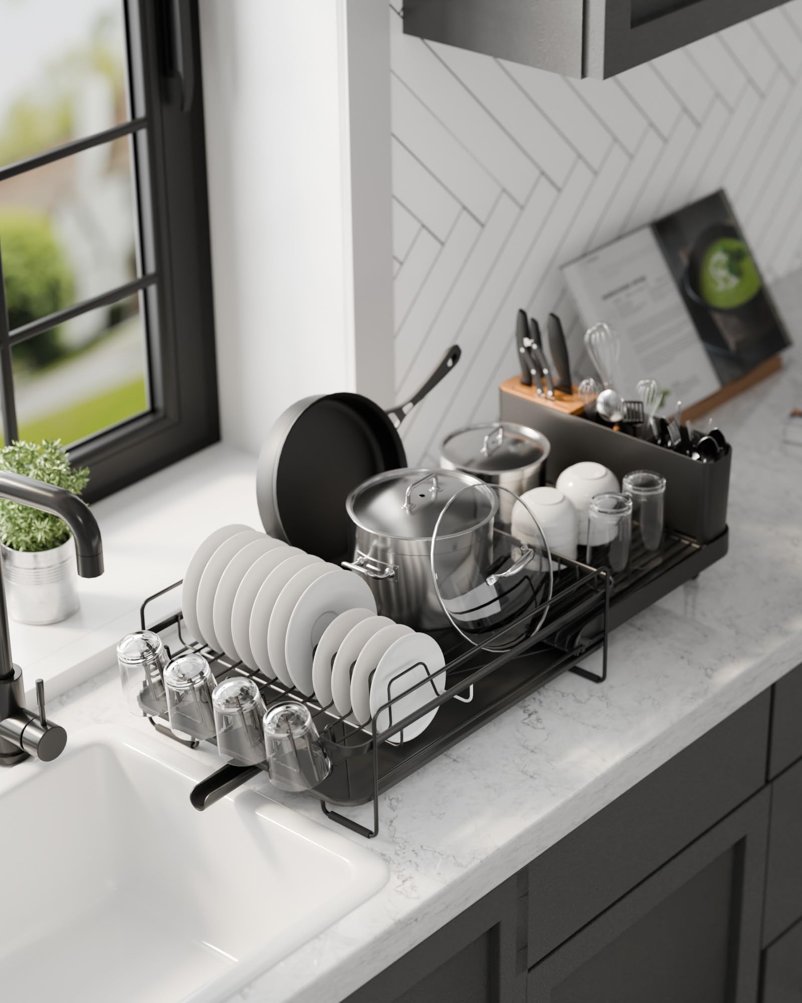 Kitsure Large Dish Drying Rack - Extendable Stainless Steel, Anti-Rust Kitchen Counter Rack with Cutlery & Cup Holders, 67.8 x 32.8 x 15.0cm, Black 🍁 All In One Marketplace Canada