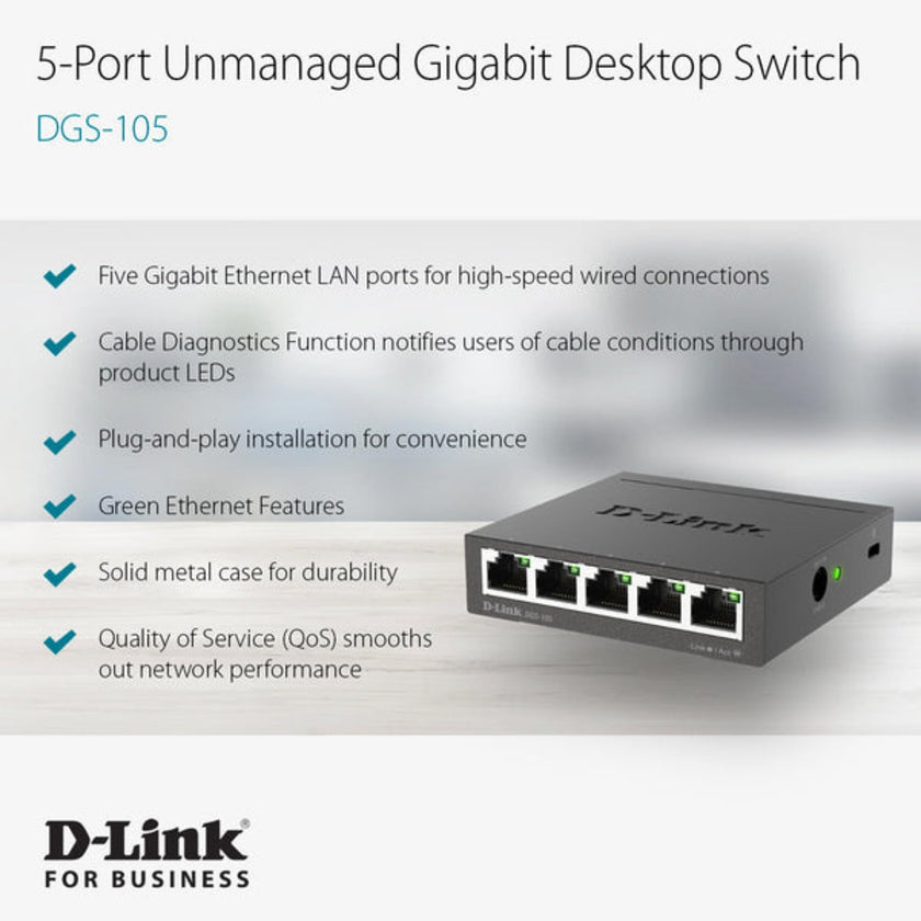 D-Link DGS-105, 5 Port Gigabit Ethernet Switch Unmanaged, Network Splitter, Silent Fanless, Network Hub, Sturdy Metal with Shielded Ports, Desktop/Wall Mount, QoS, Energy Saving, Plug and Play 🍁 All In One Marketplace Canada