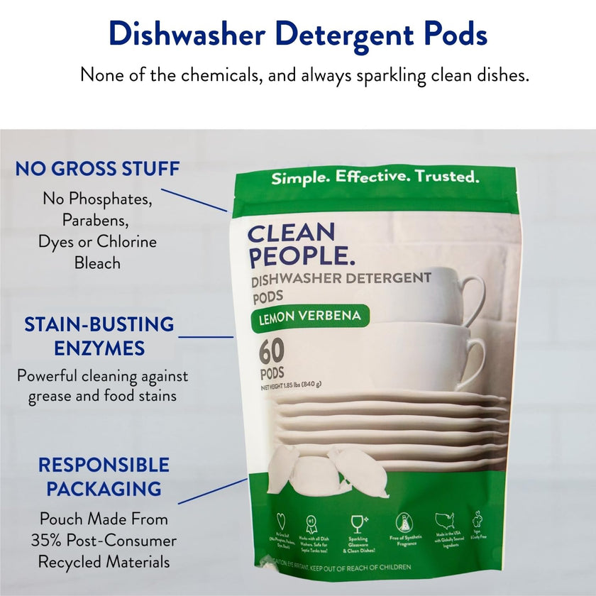 Clean People All Natural Dishwasher Pods - Cuts Grease & Rinses Sparkling Clean - Residue-Free - Phosphate Free Dishwashing Pods - Fragrance Free, 60 Pack 🍁 All In One Marketplace Canada