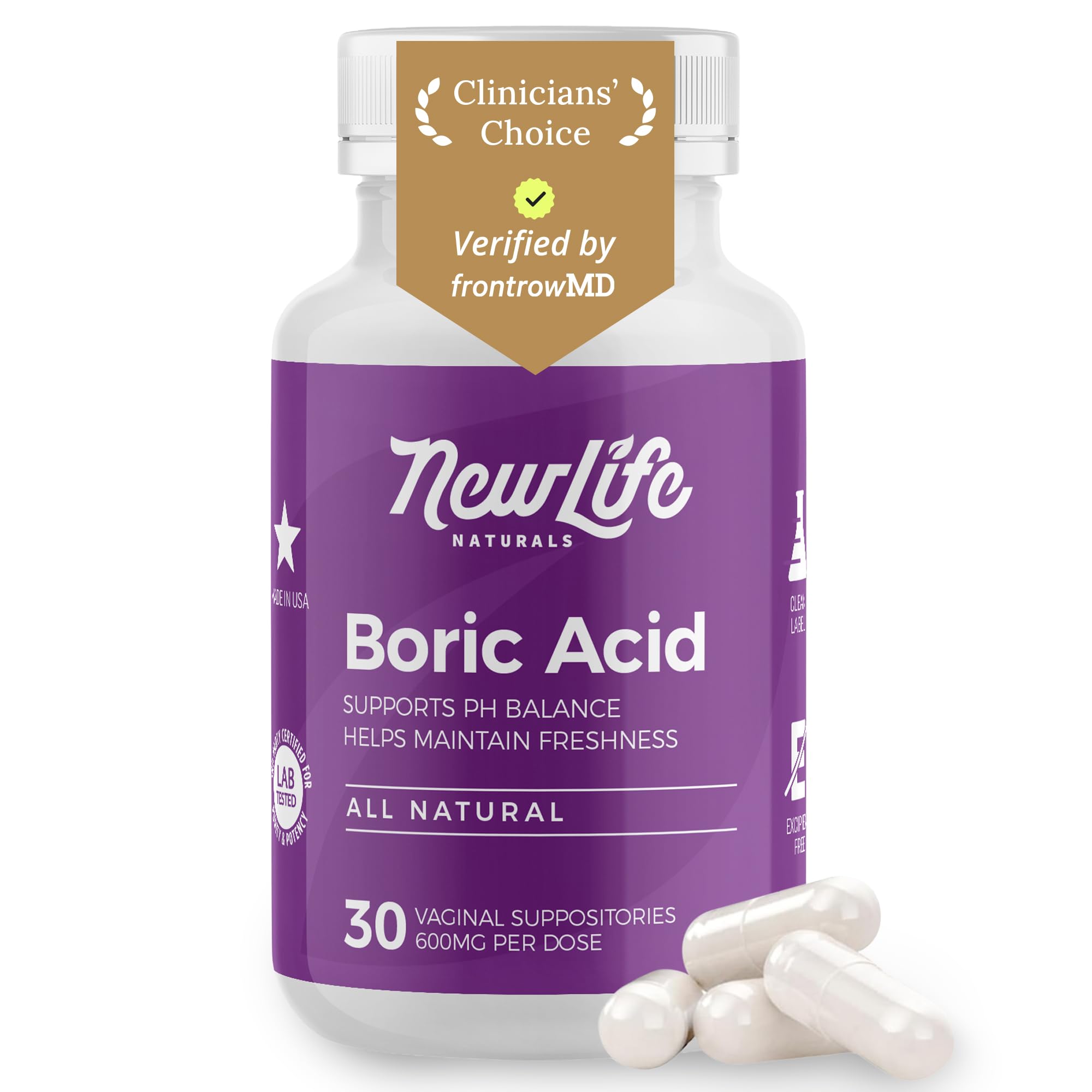 NewLife Naturals - Medical Grade Boric Acid Vaginal Suppositories - 600mg - 100% Pure Womens pH Balance Pills - Yeast Infection & Bacterial Vaginosis - 30 Capsules: Made in USA 🍁 All In One Marketplace Canada