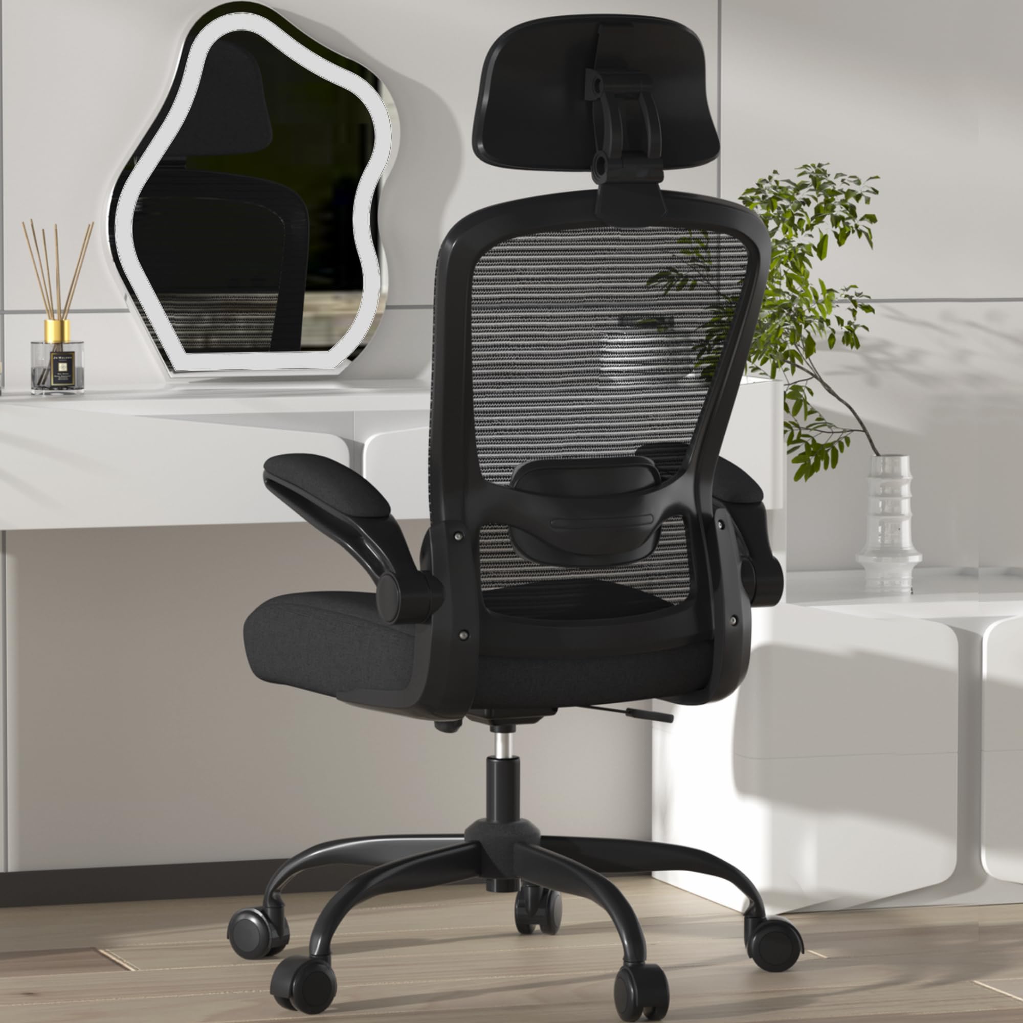 Mimoglad Office Chair, Comfy Desk Chair - High Back Ergonomic Computer Chair with Adjustable Lumbar Support & Headrest, Flip-up Armrests for Guitar Playing (Black(Black Frame)) 🍁 All In One Marketplace Canada