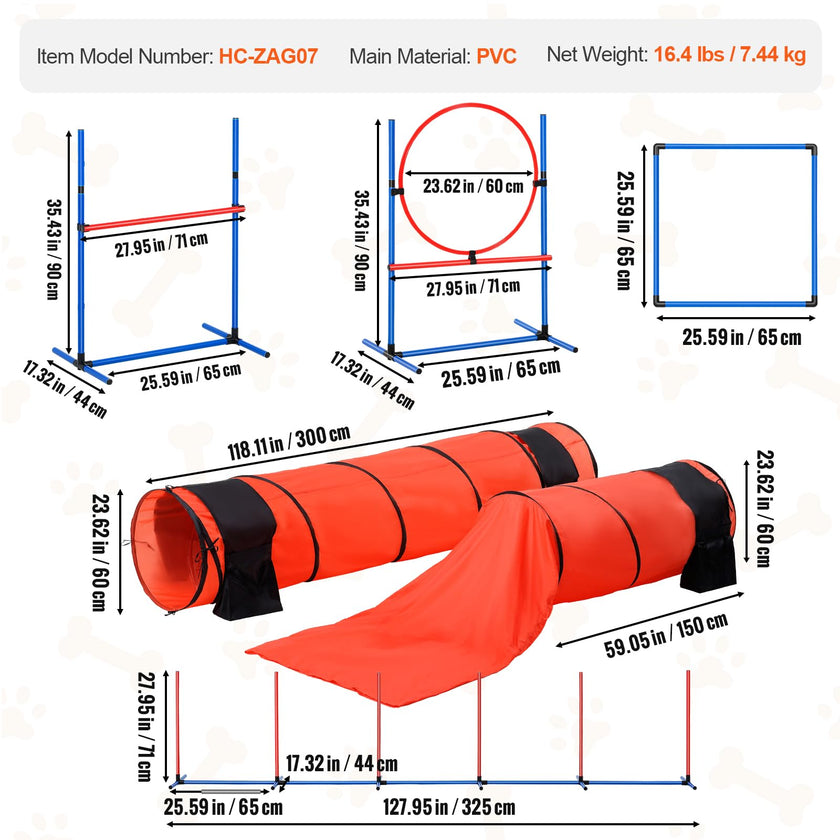 VEVOR Dog Agility Training Equipment, 7 PCS Set Upgrade w/Adjustable High Hurdles,6 Weave Poles,2 Tunnels,Jump Ring,Pause Box, Whistle,Foldable Bowl,Puppy Obstacle Course Kit w/ 3 Bags 🍁 All In One Marketplace Canada