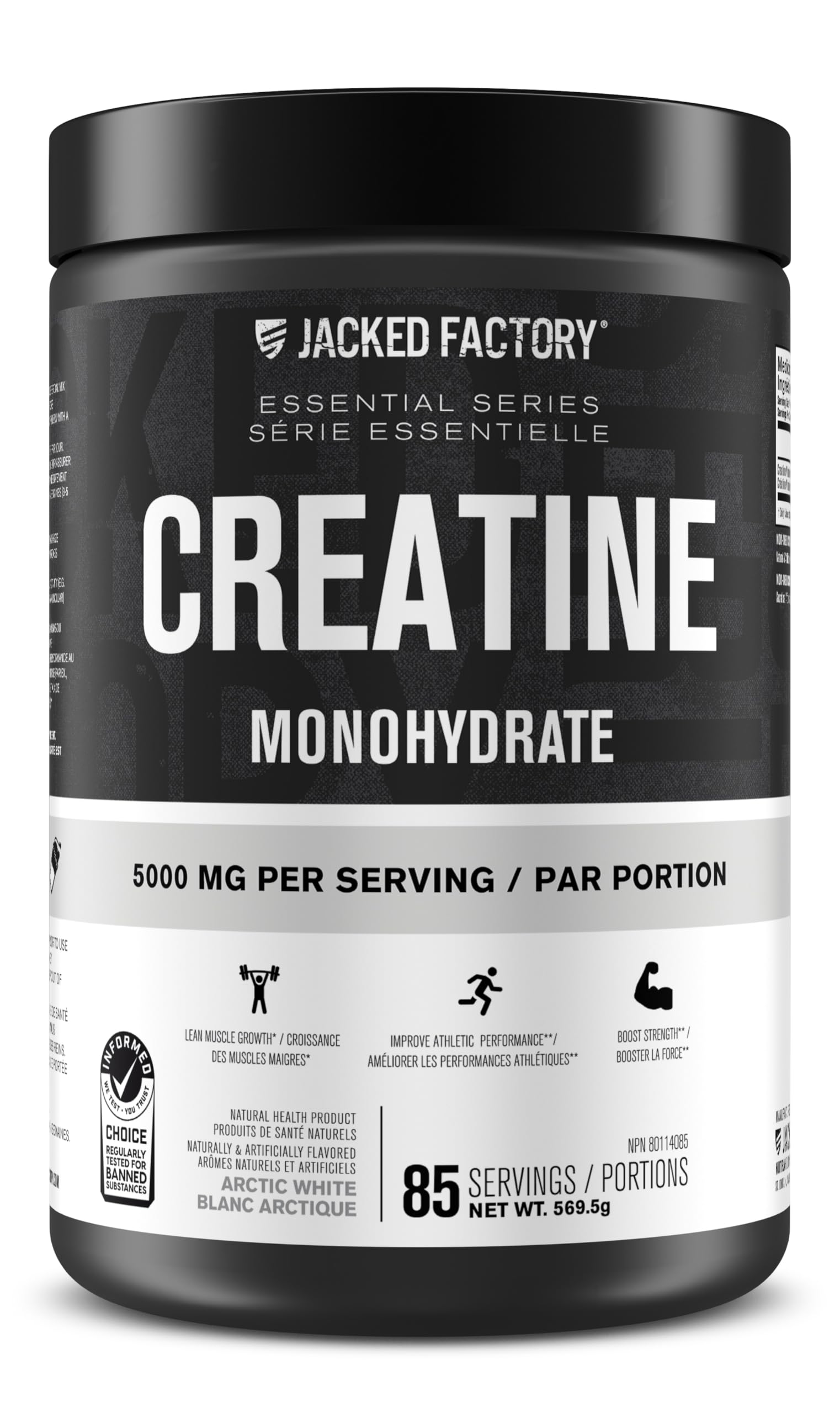 Jacked Factory Creatine Monohydrate Powder - Canadian-Owned Informed Choice Certified Supplement for Increased Muscle Mass*, Improved Strength, Power, & Performance** - 85 Servings, Arctic White 🍁 All In One Marketplace Canada
