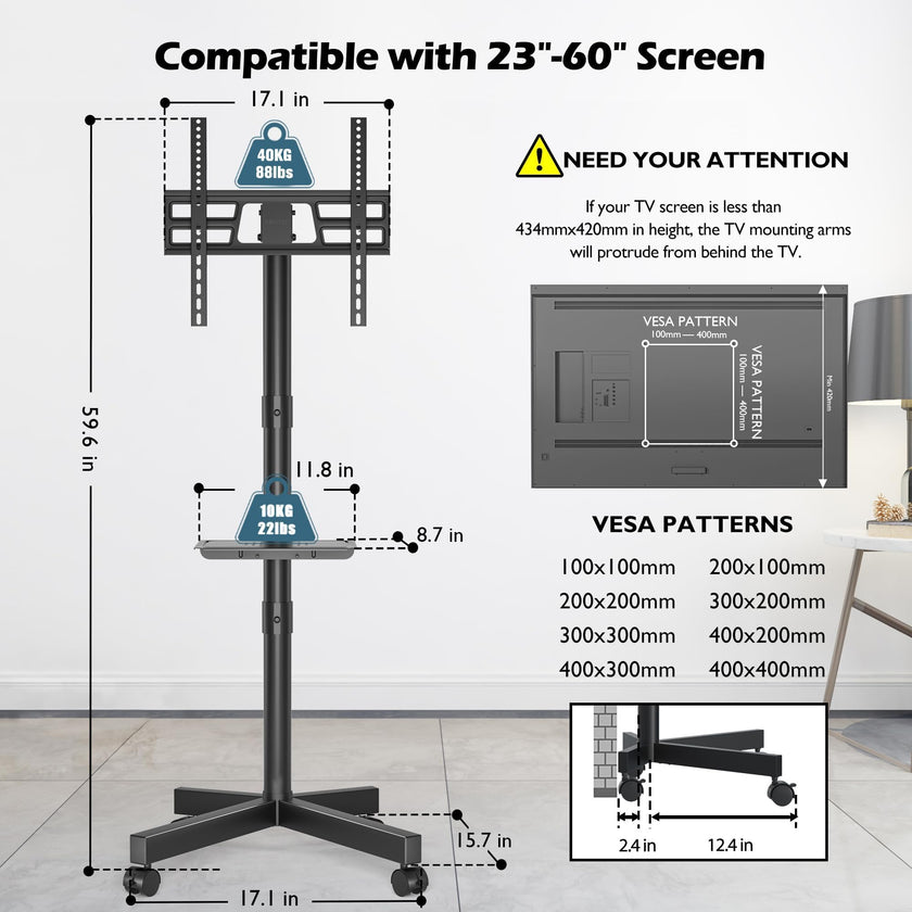 BONTEC Mobile TV Stand with Tilt Function, Rolling TV Cart for 23-60