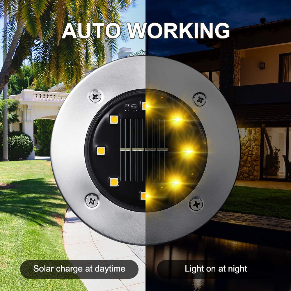 LYHOPE Solar Ground Lights Outdoor, 16 Pack 8 LED Solar Disk Lights Waterproof Garden In-ground Pathway Lights Landscape Lighting for Lawn,Yard,Deck,Patio,Walkway (Warm White) 🍁 All In One Marketplace Canada
