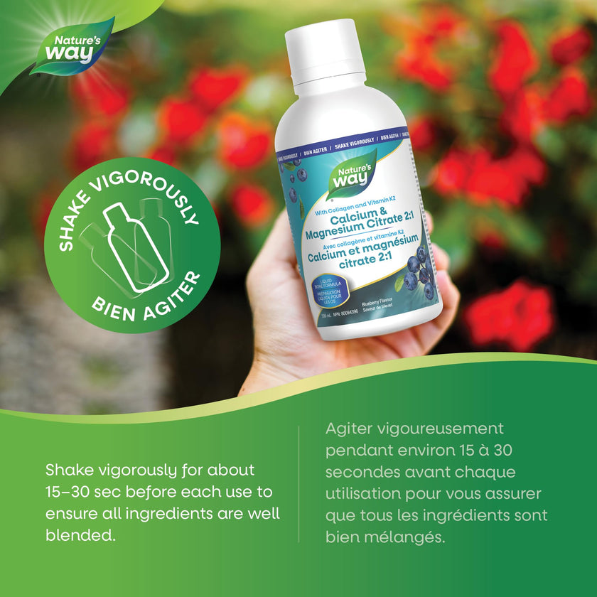 Nature's Way Calcium and Magnesium Citrate 2:1 - Liquid Supplement with Vitamin K2 and Collagen – Helps Support the Maintenance of Bones and Teeth – Blueberry Flavour, 500 mL 🍁 All In One Marketplace Canada