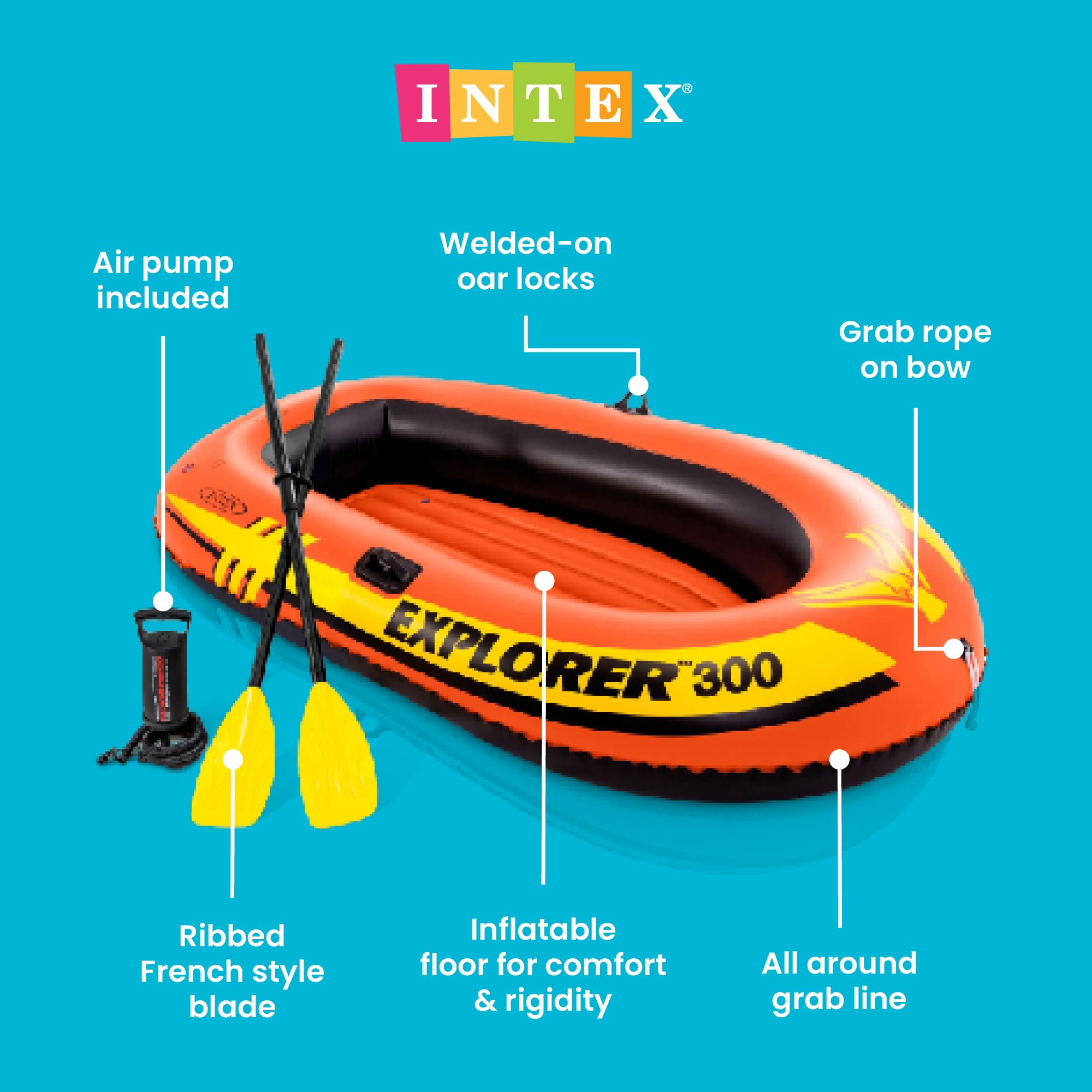 INTEX 58332EP Explorer 300 Inflatable Boat Set: Includes Deluxe Boat Oars and Mini Hand Pump – Dual Air Chambers – Grab Rope – 3-Person – 410lb Weight Capacity 🍁 All In One Marketplace Canada