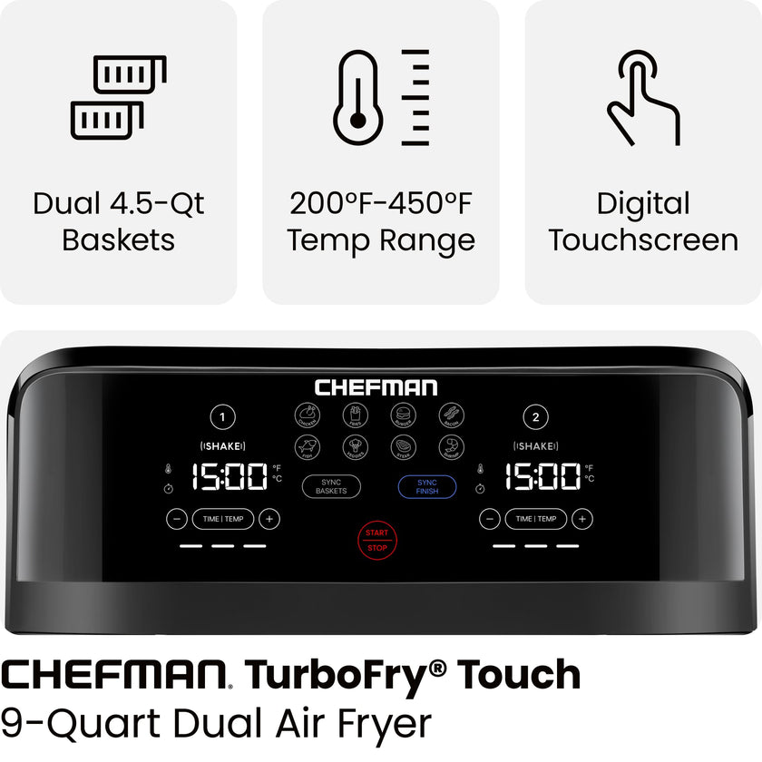 Chefman TurboFry 9-Qt. Dual-Basket Air Fryer with Sync Finish, One-Touch Digital Control, & Shake Reminder for Quick, Healthy, Family-Sized Meals, Black 🍁 All In One Marketplace Canada