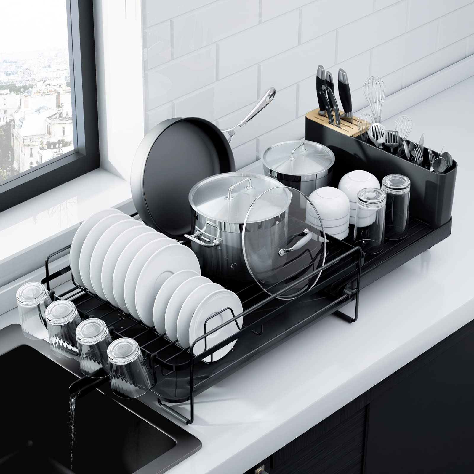 Kitsure Large Dish Drying Rack - Extendable Stainless Steel, Anti-Rust Kitchen Counter Rack with Cutlery & Cup Holders, 67.8 x 32.8 x 15.0cm, Black 🍁 All In One Marketplace Canada