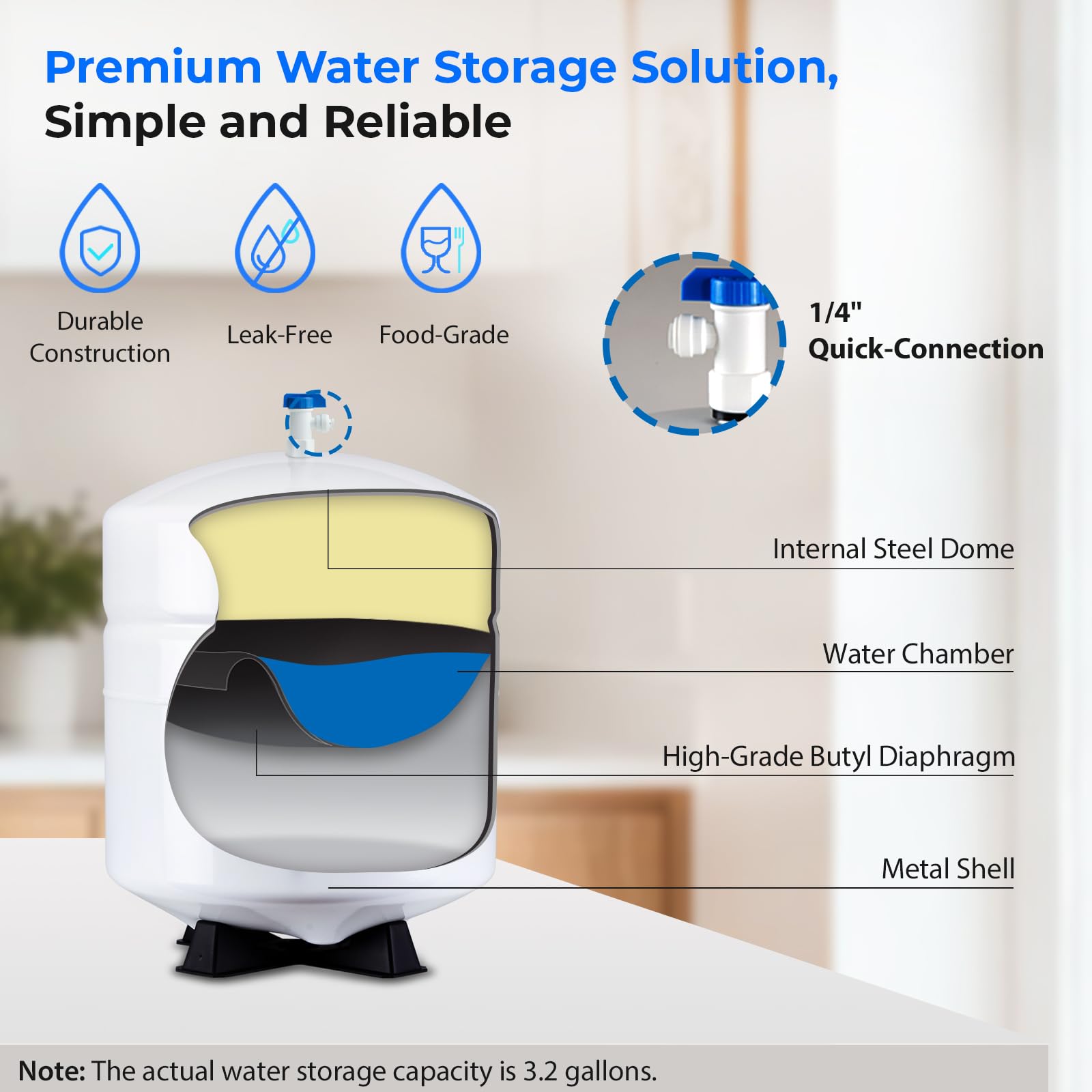 iSpring T32M Pressurized Water Storage Tank with Ball Valve for Reverse Osmosis RO Systems, 4 Gallon, 1/4