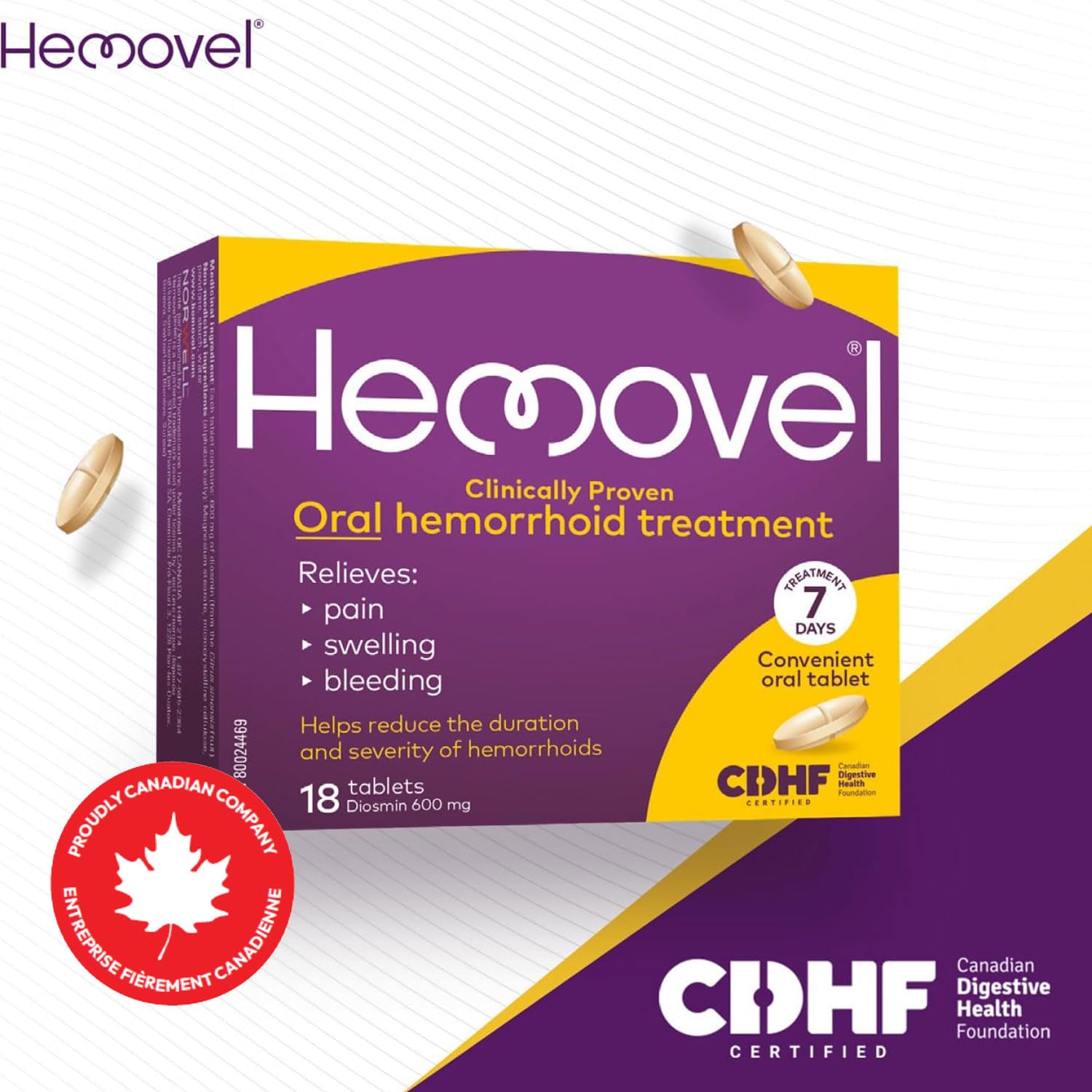 Hemovel Hemorrhoidal Oral Treatment - Clinically Proven, effective and convenient way to treat internal and external hemorrhoids and relieve pain, swelling and bleeding - 18 Tablets 🍁 All In One Marketplace Canada