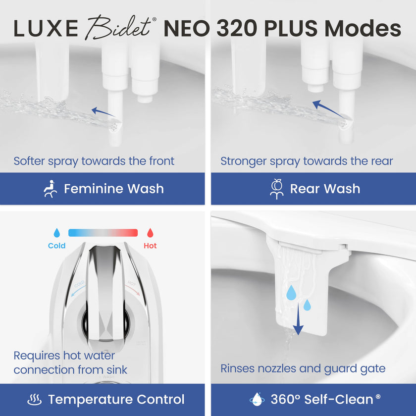 LUXE Bidet NEO 320 Plus - Warm Water, Dual Nozzle, Non-Electric Bidet Attachment for Toilet Seat, Patented Slide-in Install, 360° Self-Clean, EZ-Lift to Clean, Feminine & Rear Wash (Chrome) 🍁 All In One Marketplace Canada