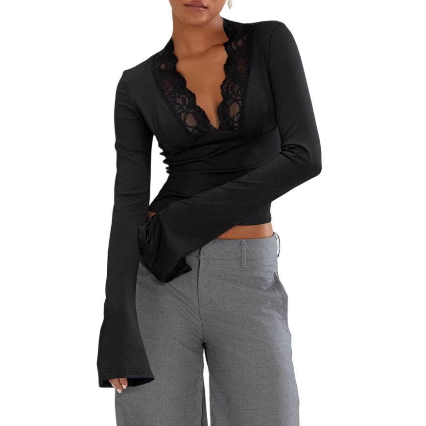 Slim V-neck Lace Ins Fashion Trumpet Sleeve Long-sleeved tank Top Women Clothing