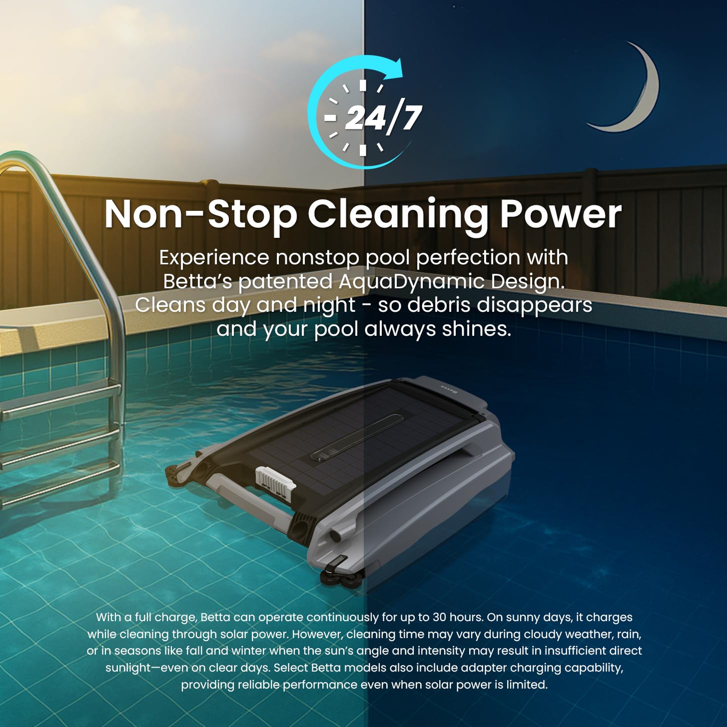 Betta SE Plus - Solar-Powered Robotic Pool Skimmer with 24/7 Continuous Cleaning Power, Dual Charging Options, Twin Salt Chlorine Tolerant Motors, and Shallow Water Safeguard 🍁 All In One Marketplace Canada