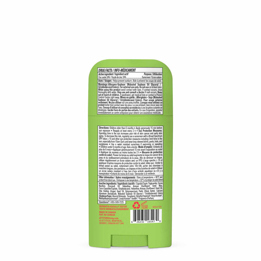 ATTITUDE Kids Mineral Sunscreen Stick SPF 50, Broad Spectrum Zinc Oxide, EWG Verified, Non-Nano, Mess-Free Stick for Face & Body, Lightweight Non-Greasy, Vegan, Watermelon & Coco Scent, 60 grams 🍁 All In One Marketplace Canada