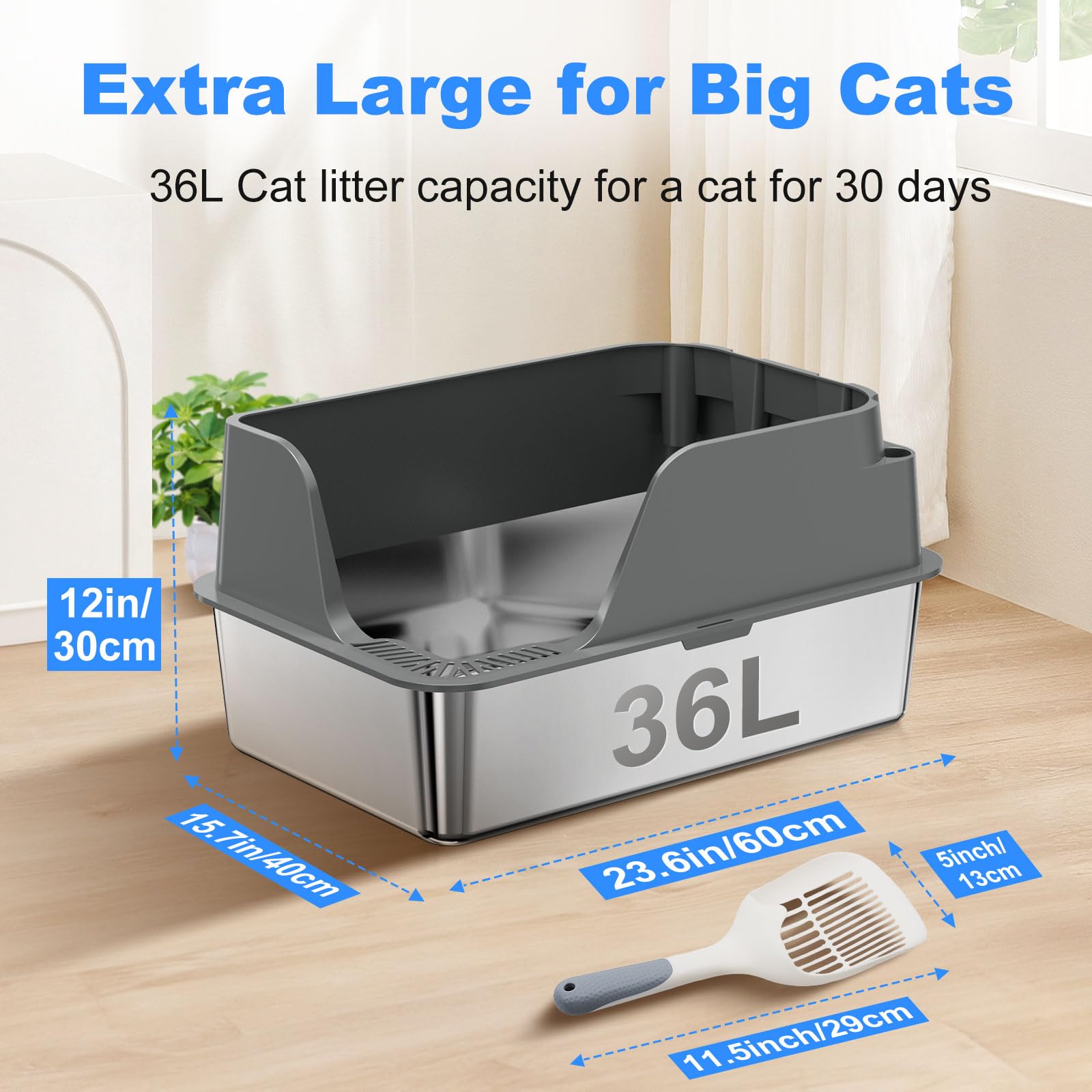 Stainless Steel Cat Litter Box with Lid, XL Litter Box for Big Cats, High Sided Metal Pan, Anti Leakage,Odor-Free & Easy Cleaning,Included Scoop &Trash Bag*2 & Mat & Sticker (Grey) 🍁 All In One Marketplace Canada