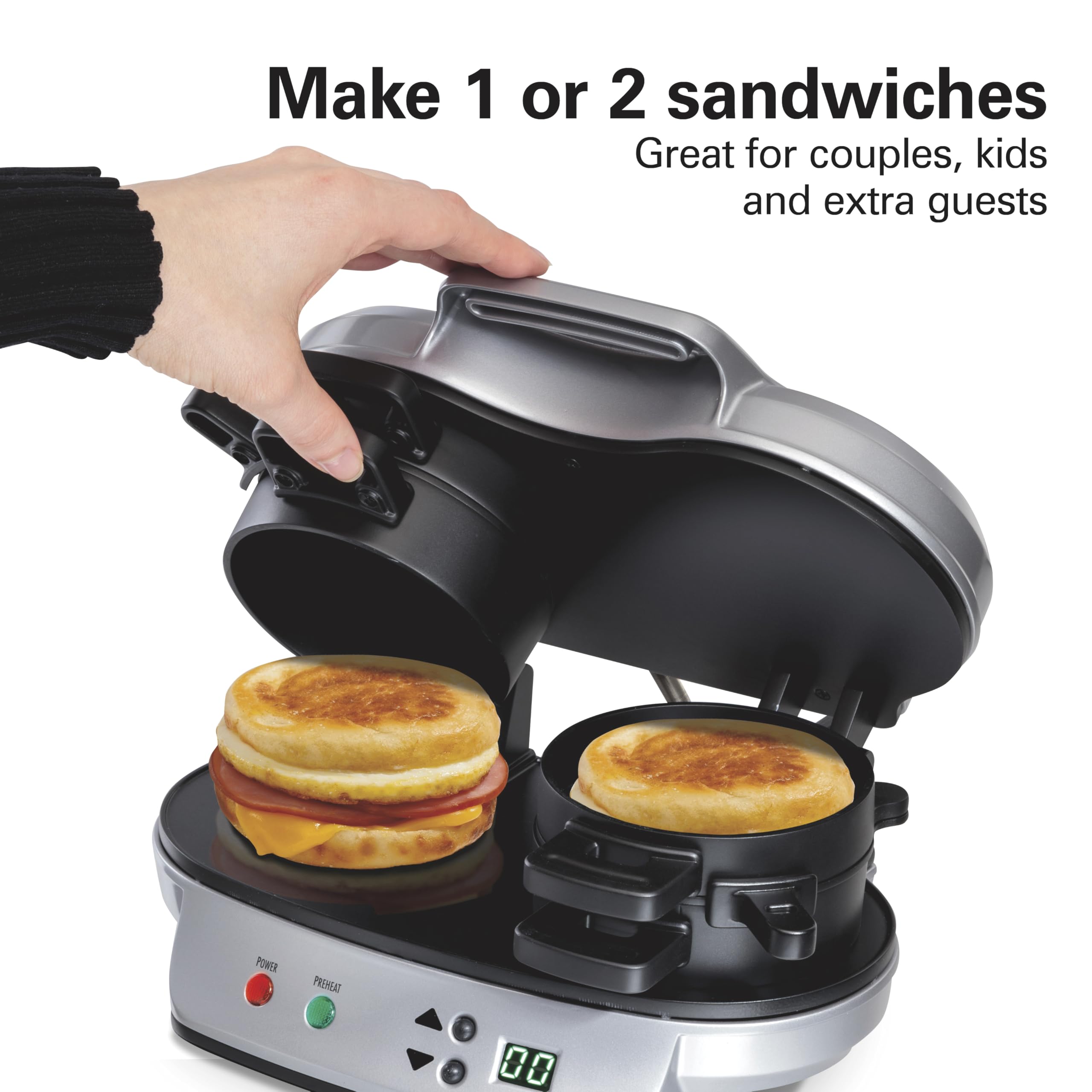 Hamilton Beach Dual Breakfast Sandwich Maker with Audible Timer, Ready in 5 Minutes, Removable Dishwasher Safe PFAS-Free Non-Stick Egg Cooker Ring, Silver (25490MNC) 🍁 All In One Marketplace Canada