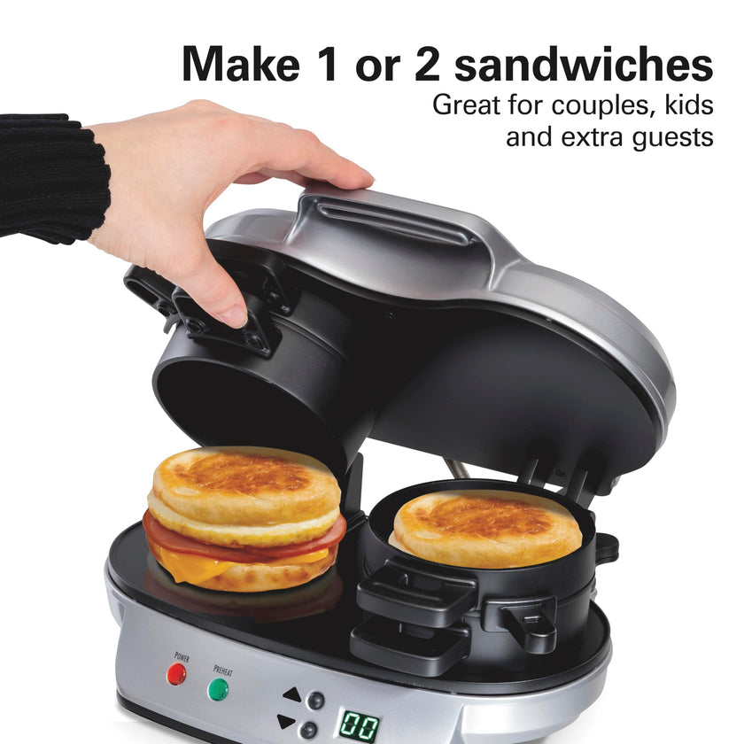 Hamilton Beach Dual Breakfast Sandwich Maker with Audible Timer, Ready in 5 Minutes, Removable Dishwasher Safe PFAS-Free Non-Stick Egg Cooker Ring, Silver (25490MNC) 🍁 All In One Marketplace Canada