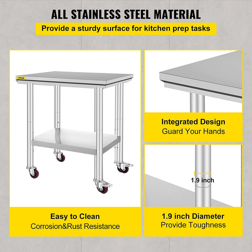 VEVOR Stainless Steel Work Table with Wheels 24 x 30 Prep Table with casters Heavy Duty Work Table for Commercial Kitchen Restaurant Business 🍁 All In One Marketplace Canada