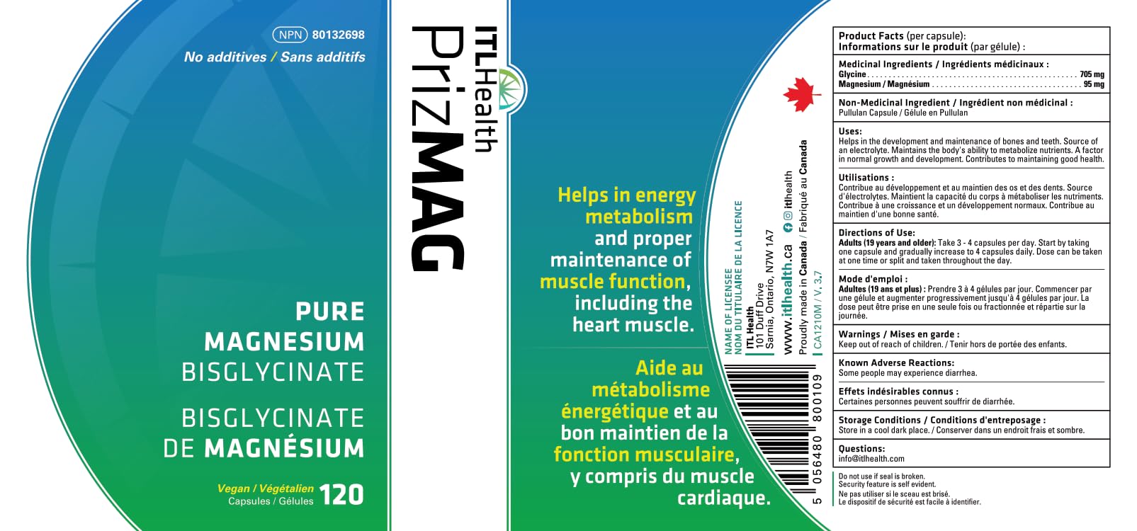 PrizMAG Pure Magnesium Bisglycinate, Magnesium Glycinate, 380mg of Mag Per Serving | Supports Muscle & Bone Health - Gentle on Digestion & High Absorption | Made in Canada - 120 Capsules 🍁 All In One Marketplace Canada