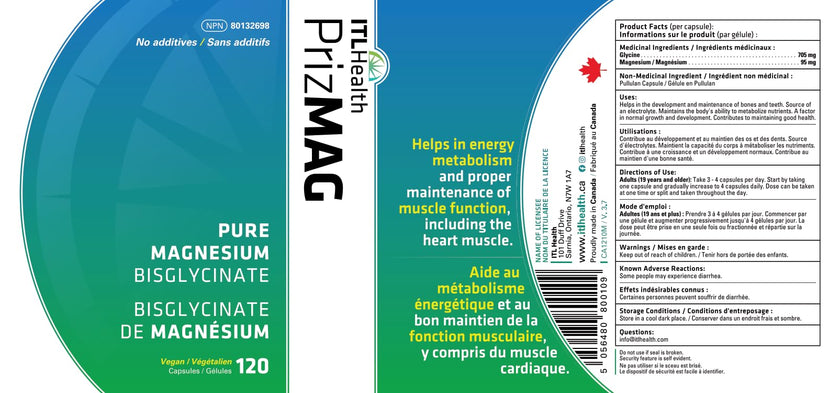 PrizMAG Pure Magnesium Bisglycinate, Magnesium Glycinate, 380mg of Mag Per Serving | Supports Muscle & Bone Health - Gentle on Digestion & High Absorption | Made in Canada - 120 Capsules 🍁 All In One Marketplace Canada