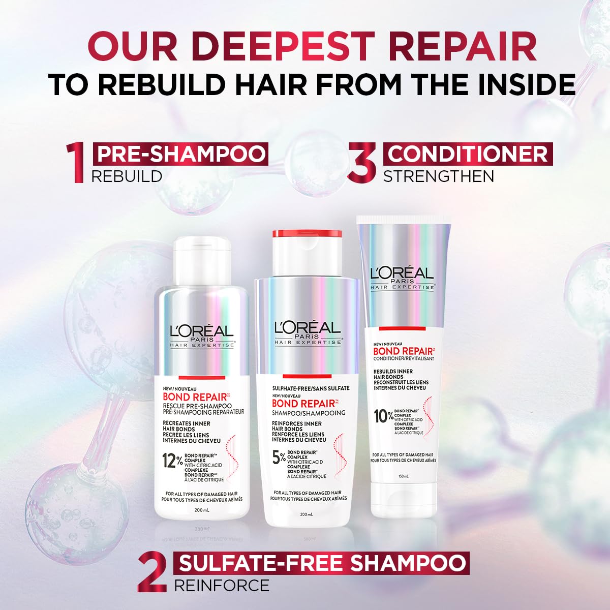 L'Oréal Paris Hair Expertise Bond Repair Shampoo and Conditioner Set with Hair Treatment, Citric Acid for Hair Breakage, 3x Pieces (Pre-Shampoo, Shampoo, Conditioner) 🍁 All In One Marketplace Canada