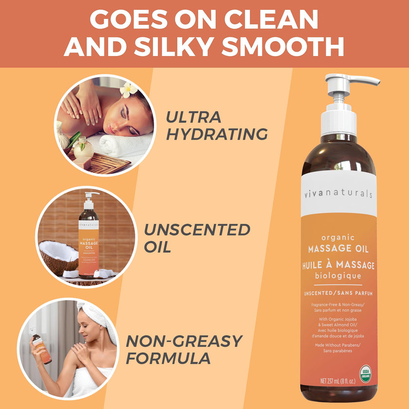 Viva Naturals Organic Massage Oil, Unscented Body Oil, Non-Greasy, 8 fl oz (237 mL) 🍁 All In One Marketplace Canada