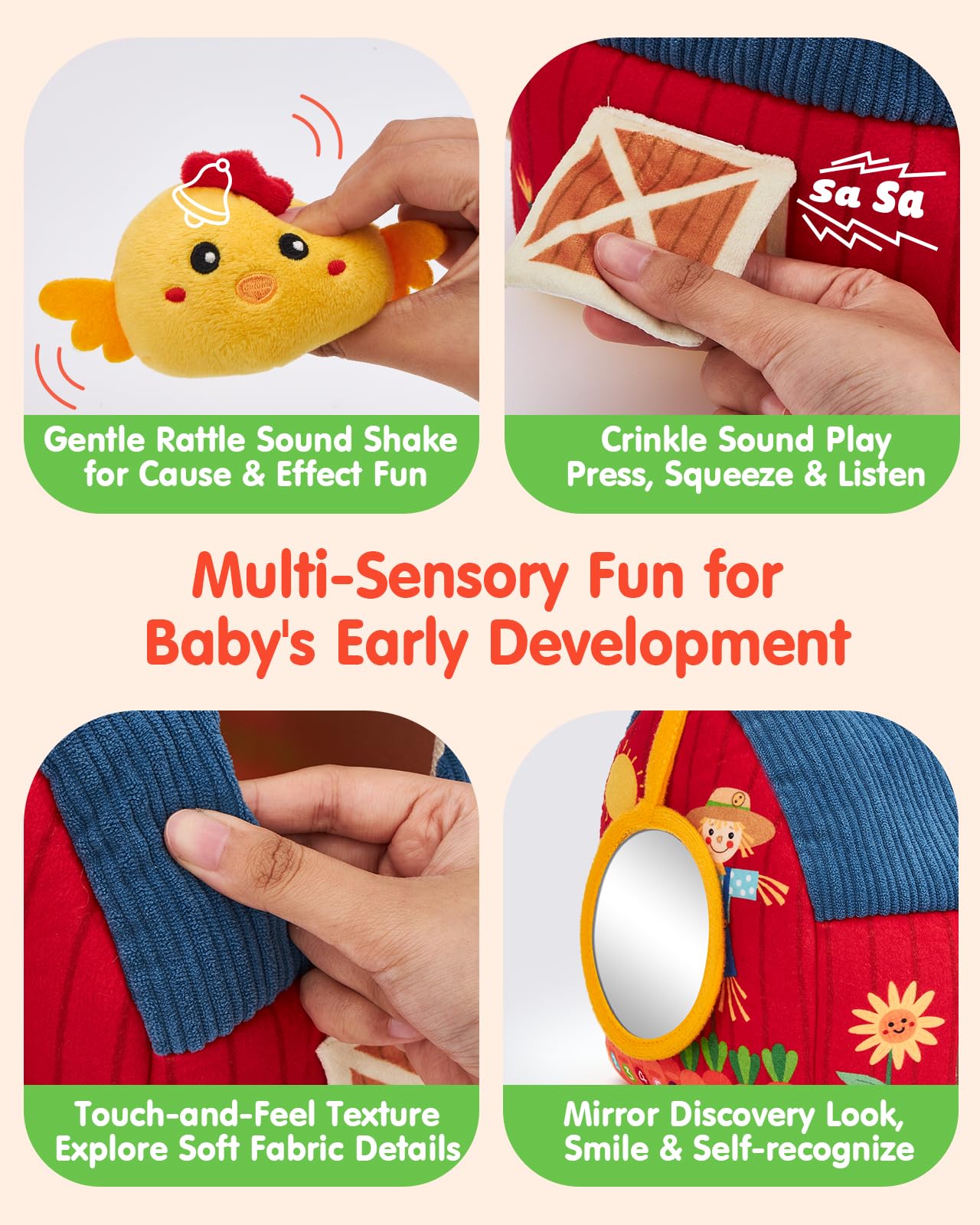 hahaland Montessori Baby Toys 6-12 Months - Surprise Barn with Stuffed Farm Animals Toys for Babies with Rattle & Mirror, Sensory Toys for Babies Boy Girl, Travel Toys for Toddlers 1-3 🍁 All In One Marketplace Canada