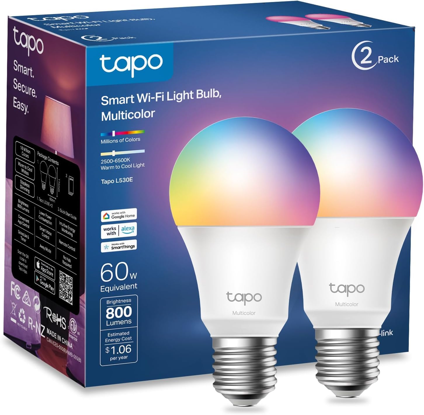TP-Link Tapo Smart Wi-Fi Light Bulbs, 16M Colors RGBW, Dimmable, Compatible w/Alexa and Google Home, A19, 60W Equivalent, 800LM, 2.4GHz WiFi only, No Hub Required, Tapo L530E(2-Pack) 🍁 All In One Marketplace Canada