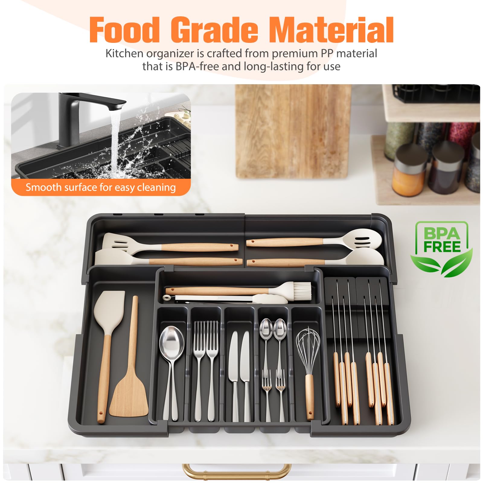 Ceecysaa Cutlery Organizer with 2 Removable Knife Blocks, Expandable Utensil Tray,Adjustable Cutlery Tray Drawer Organizer for Spoons, Knives, Kitchen Organizers and Storage,ABS,Black(6-9 Slots) 🍁 All In One Marketplace Canada