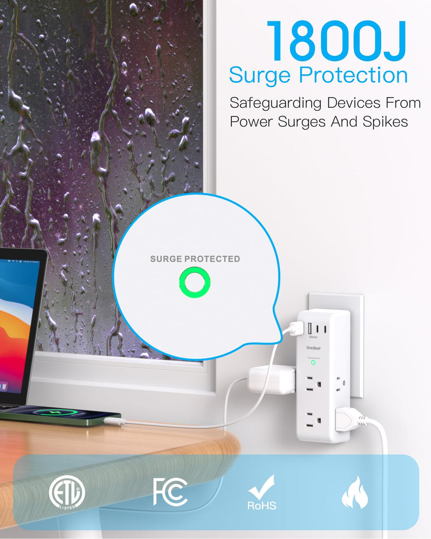 Surge Protector Outlet Extender - with Rotating Plug, 6 AC Multi Plug Outlet with 4 USB Ports (2 USB C), 1800 Joules, 3-Sided Swivel Power Bar with Spaced Splitter for Home, Office, Travel 🍁 All In One Marketplace Canada