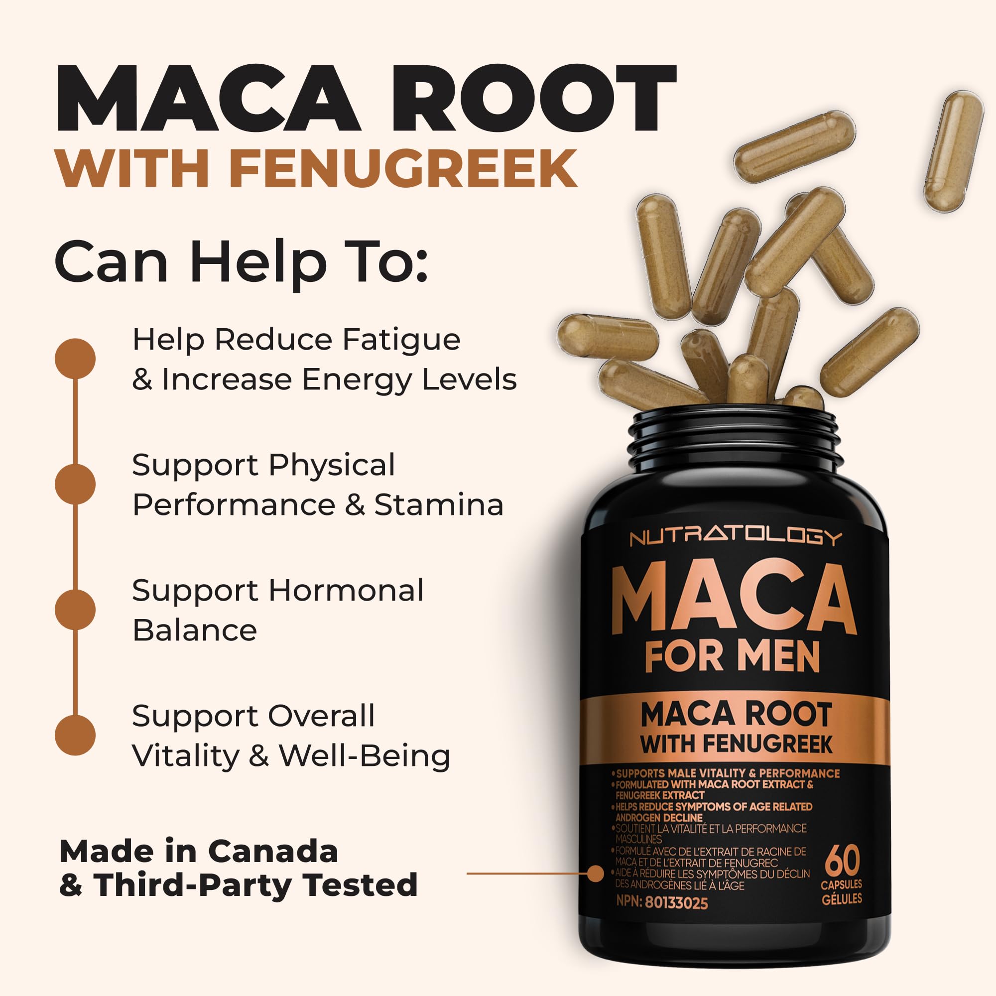 Nutratology® Maca for Men | Canadian Made | Helps Increase Stamina & Energy | Formulated with a 6:1 Extract & 33:1 Fenugreek Extract | Maca Root With Fenugreek Supplement for Men | 60 Capsules 🍁 All In One Marketplace Canada