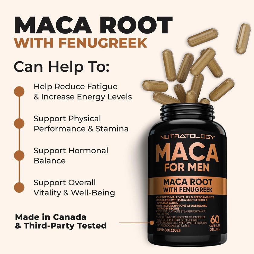 Nutratology® Maca for Men | Canadian Made | Helps Increase Stamina & Energy | Formulated with a 6:1 Extract & 33:1 Fenugreek Extract | Maca Root With Fenugreek Supplement for Men | 60 Capsules 🍁 All In One Marketplace Canada