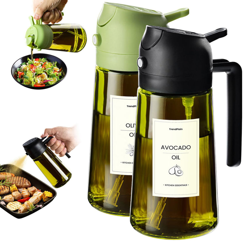 TrendPlain 470ml Olive Oil Dispenser Bottle for Kitchen Gadgets - 2 in 1 Dispenser and Sprayer - Olive Oil Spray Bottle w/Stickers (Light Blockage) - BPA Free - Black&Green 🍁 All In One Marketplace Canada