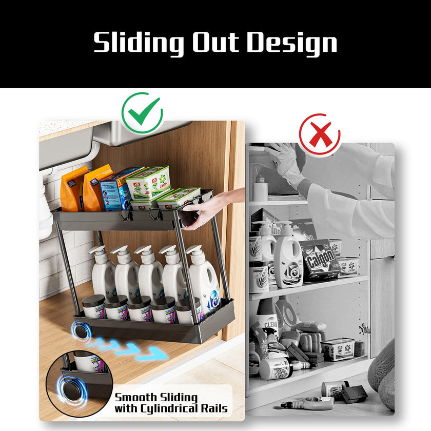 Cicilyna 2 Pack Under Sink Organizer, 2 Tier Bathroom Cabinet Organizers and Storage with Hook, Multi-purpose Storage Basket Shelf for Kitchen, Black 🍁 All In One Marketplace Canada