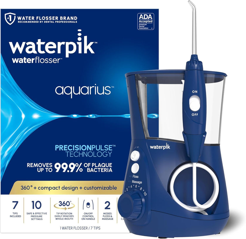 Waterpik Aquarius Water Flosser For Teeth Cleaning, Gums, Braces, Dental Care, Electric Power With 10 Settings, 7 Tips For Multiple Users & Needs, CDA Validated, Blue WP-663, Packaging May Vary 🍁 All In One Marketplace Canada