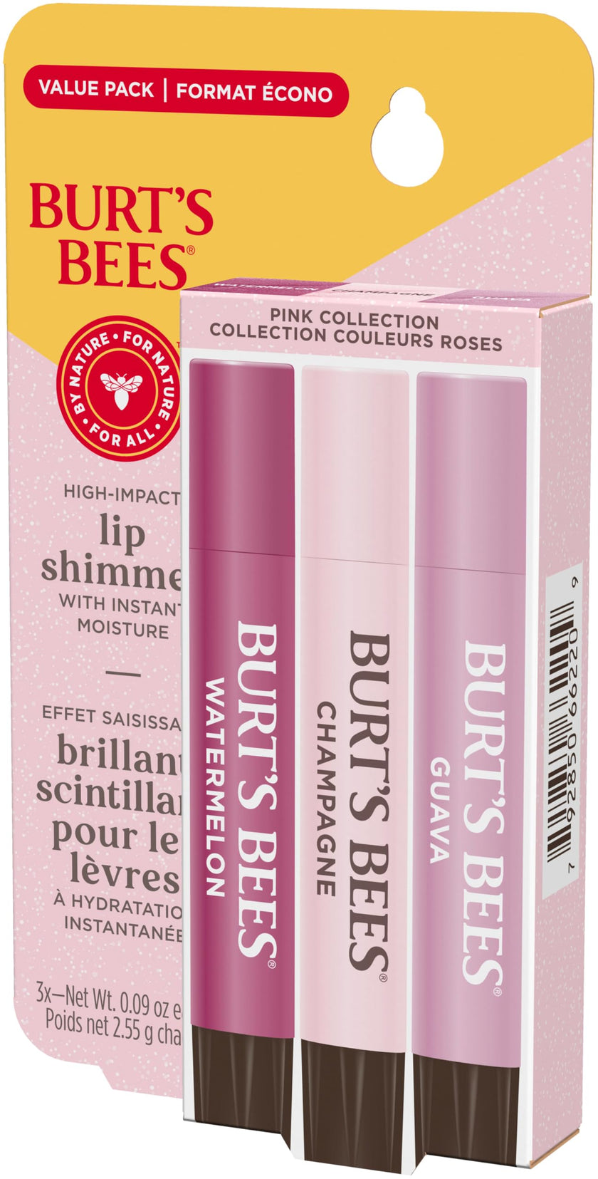 Burt's Bees Lip Shimmer, 100% Natural Origin Lip Gloss, Tinted Lip Colour | Get Soft and Hydrated Lips | Pack of 3 - (Pink) Champagne, Watermelon, Guava 🍁 All In One Marketplace Canada
