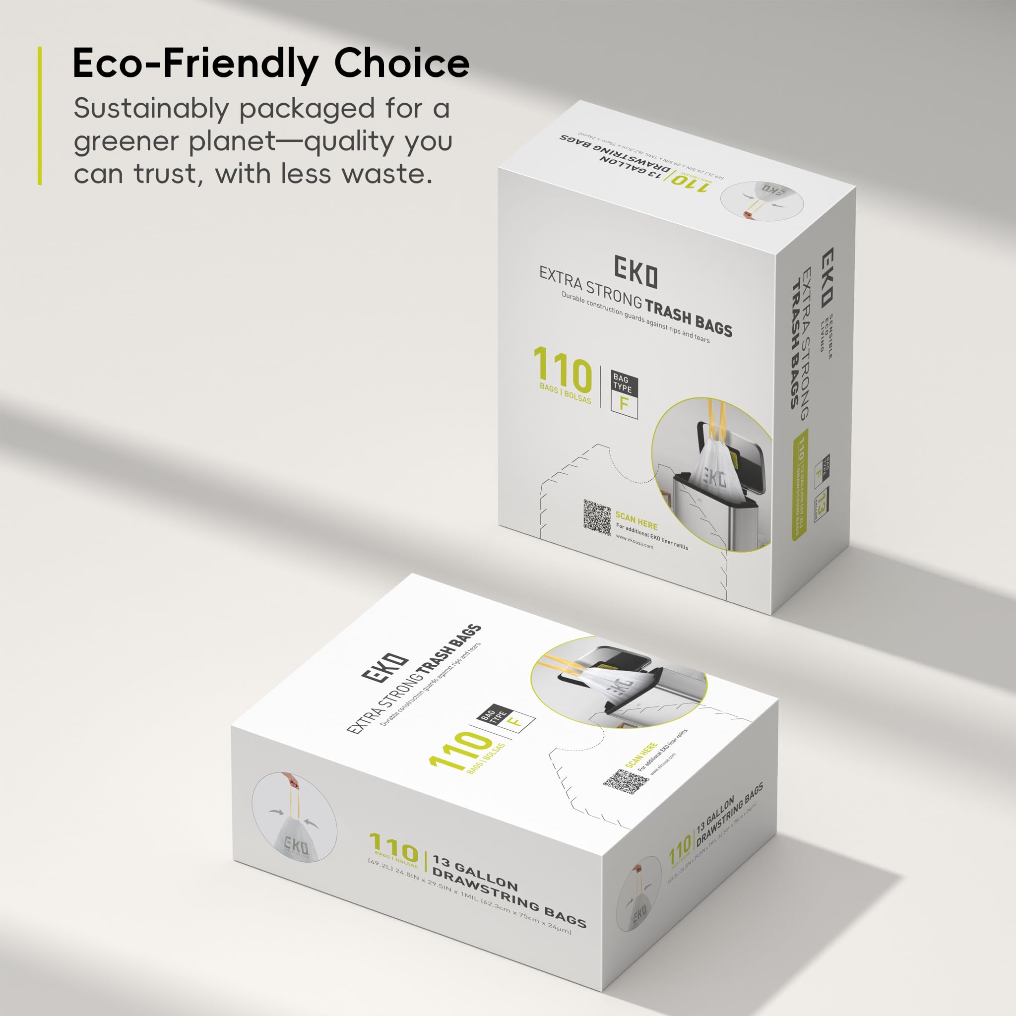 EKO 13 Gallon / 40-60 Liter Drawstring Trash Bags, Extra-Strong Unscented Garbage Bags, 60 Count Easy-Dispense Roll for Kitchen & Household Use, Leak-Resistant, Code F, White 🍁 All In One Marketplace Canada
