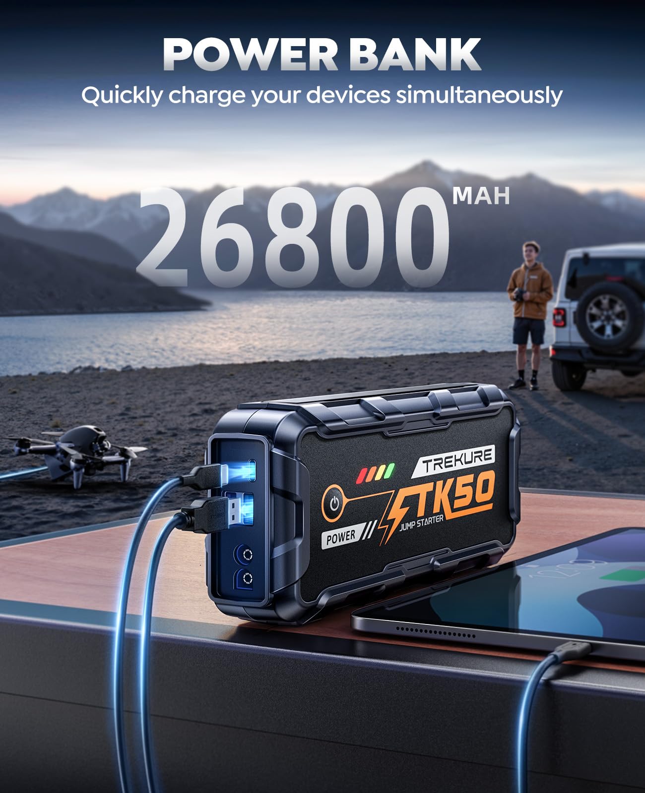 TREKURE 6000A Booster Pack, 26800mAh Jump Starter for Car Battery, All Gas/12L Diesel Portable Car Battery Power Pack, Safe Jumper Cables with Fast Charge & LED Light 🍁 All In One Marketplace Canada