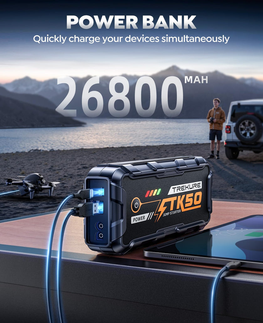 TREKURE 6000A Booster Pack, 26800mAh Jump Starter for Car Battery, All Gas/12L Diesel Portable Car Battery Power Pack, Safe Jumper Cables with Fast Charge & LED Light 🍁 All In One Marketplace Canada